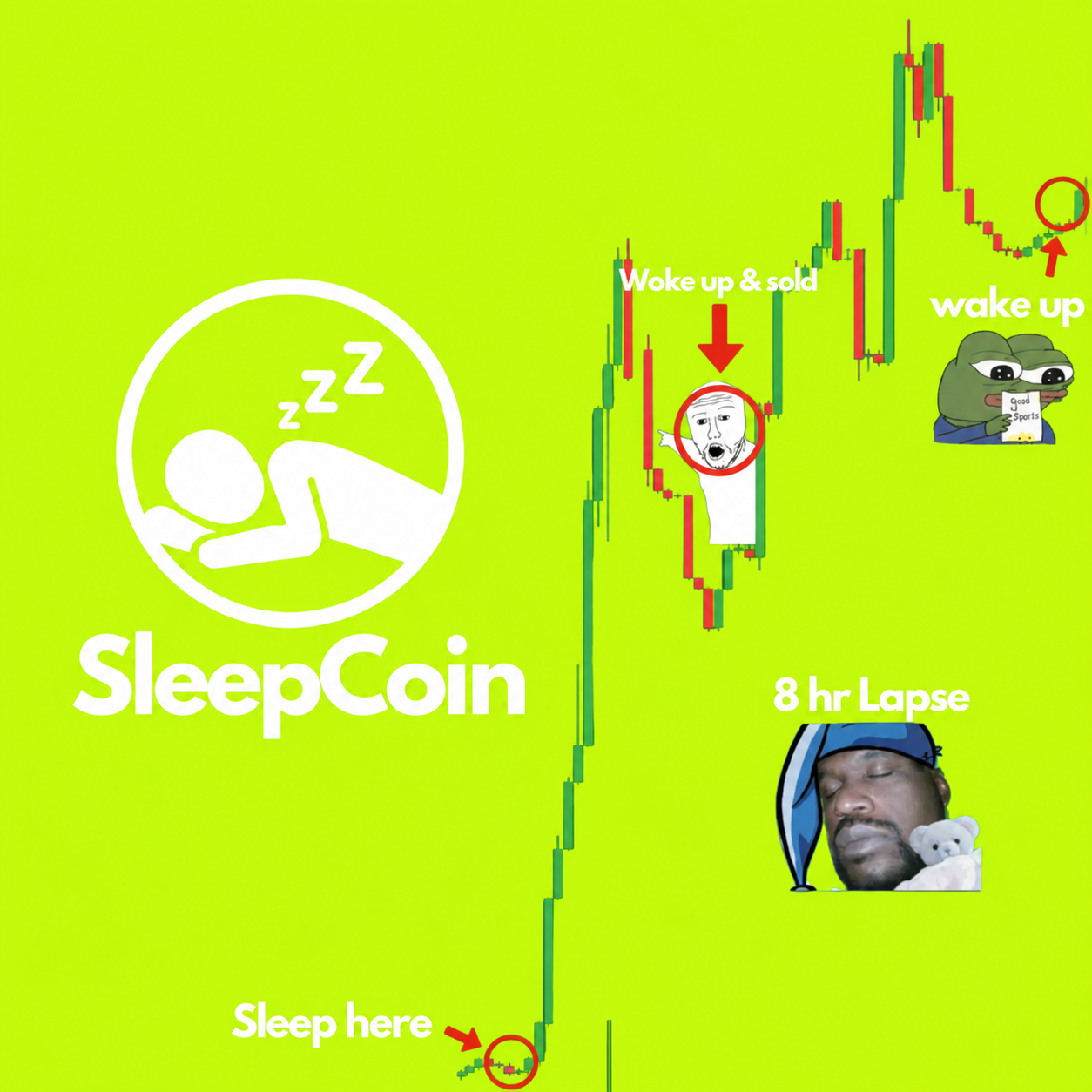 Sleepcoin chart meme showing an eight-hour sleep lapse and a rising chart
